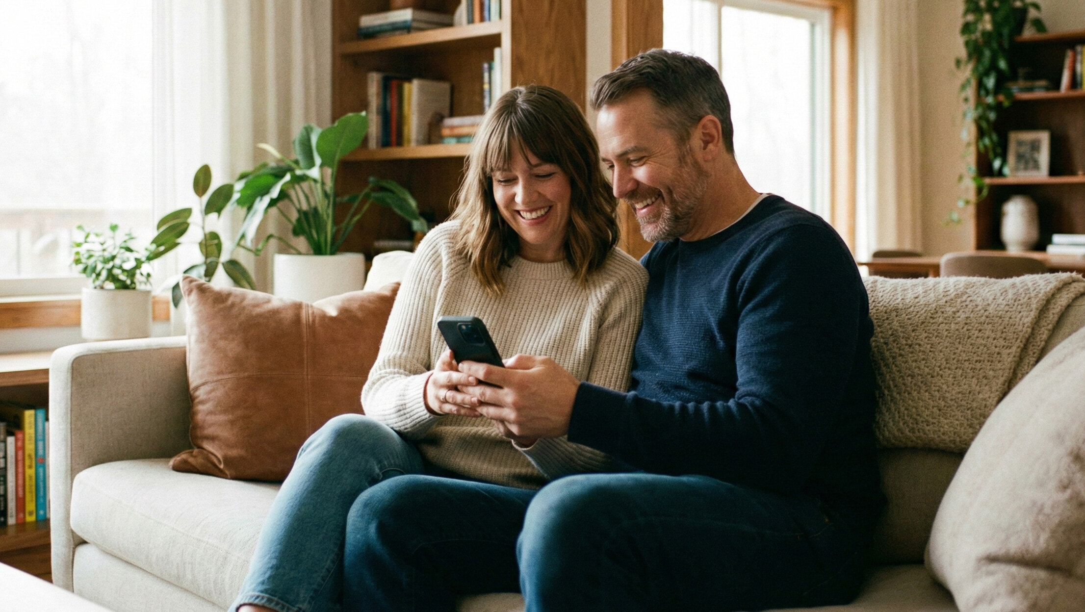 Couple assis sur un canapé regardant un smartphone